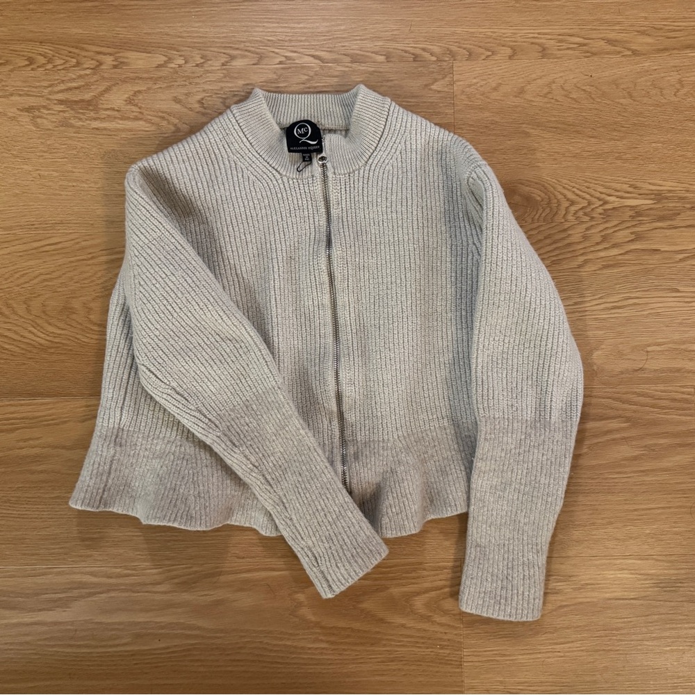 McQ Beige/Cream Ribbed Zip-Up Sweater